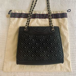 Tory Burch Small Fleming Black Leather Chain Bag